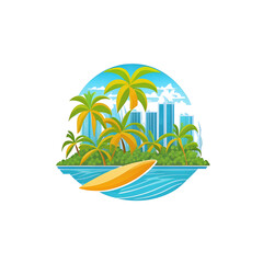 Logo or app icon with a tropical resort, 80s vibe. Generative AI