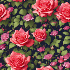 Watercolor realistic bright color botanic garden elegant dark pink rose flower seamless pattern background created with generative AI technology