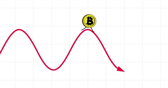 Bitcoin rate variable floating sinusoid chart seamless loop. Walking up and down cycle. Crypto currency character rising unstable. Funny business cartoon.