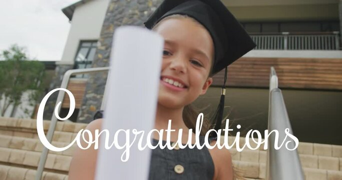 Animation of congratulations text over happy biracial schoolgirl in mortar board with diploma