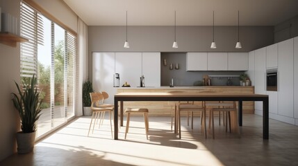 Fototapeta premium show flat interior design modern nature contemporary dining area daylight minimal decoration style home design concept, image ai generate