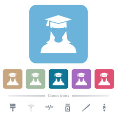 Graduate female avatar flat icons on color rounded square backgrounds