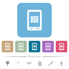 Mobile spreadsheet flat icons on color rounded square backgrounds
