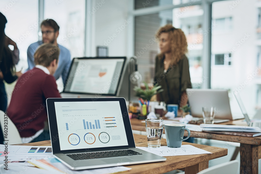 Poster digital data, office and laptop with graphs for business, trading and financial work. coworking, tec
