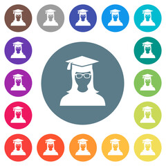 Graduate female avatar flat white icons on round color backgrounds
