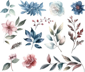 Set of watercolor flowers leaves and twigs on a white background.ai generated
