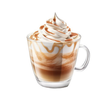 Coffee with whipped cream isolated on transparent background, hot beverage in a glass cup, PNG, Generative AI