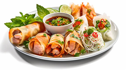 A plate of food spring rolls with a sauce on it Generative AI - obrazy, fototapety, plakaty
