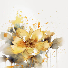 Fototapeta na wymiar Elegant Abstraction: Gentle Gold Flower and Subtle Gold Splash in an Abstract Watercolor Background Created by Generative AI
