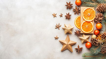 Composition with christmas gift in craft paper, dried orange and mandarin, anise stars, cinnamon, pine cones, fir branches on white background. Flat lay, top view, frame with copy space - obrazy, fototapety, plakaty
