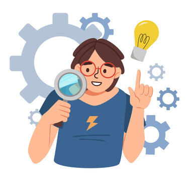 Smart Boy With Loupe. Schoolboy Holds Magnifying Glass Against Background Of Gears And Light Bulb. Idea And Insight, Creative Personality, Cognitive Abilities. Cartoon Flat Vector Illustration