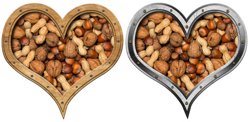 Hearts with wooden and metal frame with dried fruit mix inside (peanuts, walnuts, hazelnuts), isolated on white or transparent background. 3D illustration and photography. Png.