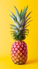 Closeup pineapple on bright yellow background. Generative AI.