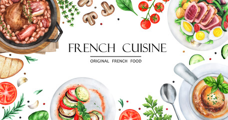 Banner French cuisine, copy space. Watercolor illustration