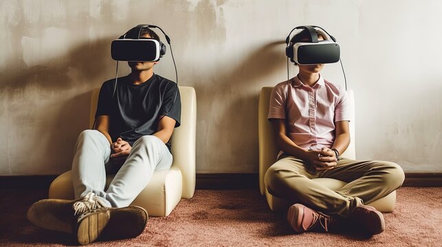 Couple on a date in virtual reality headset. Romantic couple portrait in virtual reality. Relationship online.   Virtual love romance family. Generative AI 