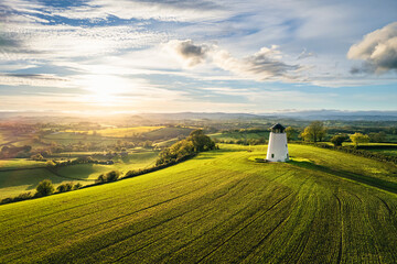 Devon Windmill over fields and farms from a drone, Torquay, Devon, England