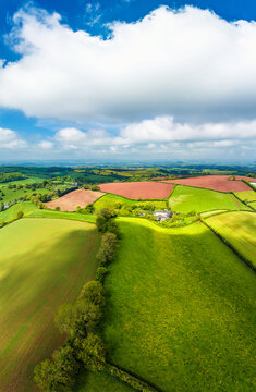 Fields and Farmlands in spring from a drone, Devon, England, Europe