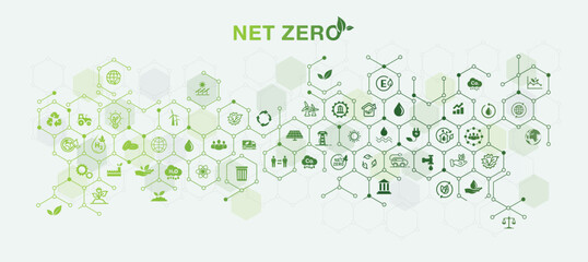 NET ZERO banner icons, carbon neutral and net zero concept. natural environment A climate-neutral long-term strategy greenhouse gas emissions targets wooden block with green net center icon
