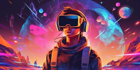 Futuristic VR, virtual reality. Illustration with technological. Abstract art of metaverse. People with glasses of virtual reality. Future technology concept. Colorful neon lights. Generative AI