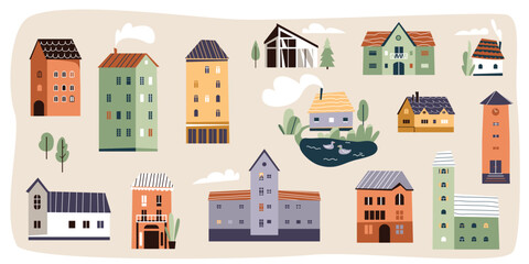 Houses set vector illustration. Small building for city or village
