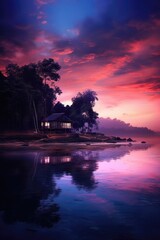 Long exposure of twilight sky at the lake. Generative AI