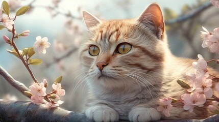 Naklejka na ściany i meble Cat looks closely with pink sakura branch on background. Cute dog in nature illustration. Generative AI