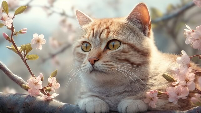Cat looks closely with pink sakura branch on background. Cute dog in nature illustration. Generative AI