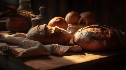 Tuinposter Brood Homemade baked bread on kitchen table. Freshly breakfast bakery food. Generative AI