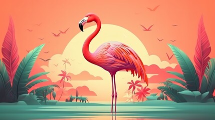 Beautiful flamingo in floral summer background. Illustration with tropical palm leaves. Generative AI