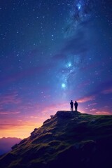 Fototapeta premium Silhouette of two hikers were standing at the top of the mountain looking at the stars over the twilight sky. Generative AI