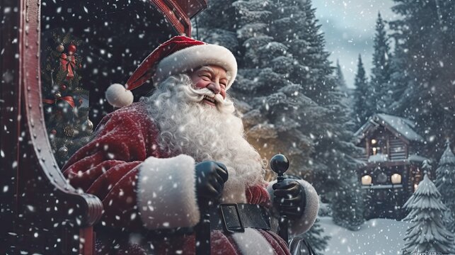 Santa Claus riding on sled with gift box against snow falling on fir tree forest. Generative AI