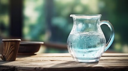 Water from jug pouring into glass on wooden table, outdoor background. Generative AI