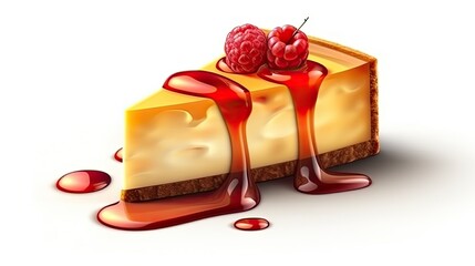 Cheesecake with raspberry and jam. Realistic icon of dessert cheesecake slice. Generative AI