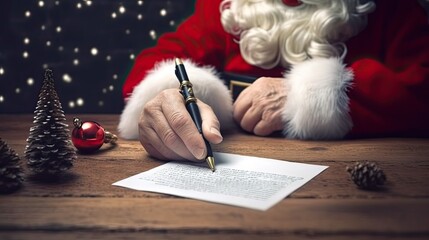 Close up of Santa Claus hands writing letter on wooden desk with copy space. Generative AI