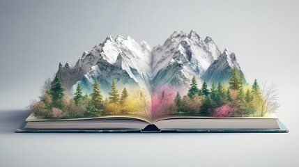 World book day with fairy mountains and trees. Open paper book with hills and forest. Generative AI