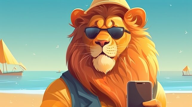 Cartoon lion with sunglasses use smartphone. Cute mammal illustration. Animal with soft fur on the beach. Generative AI
