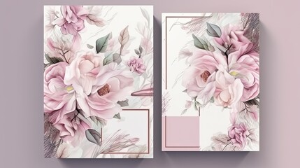 Wedding invitation card illustration. Flower greeting card template. Pink floral design. Generative AI