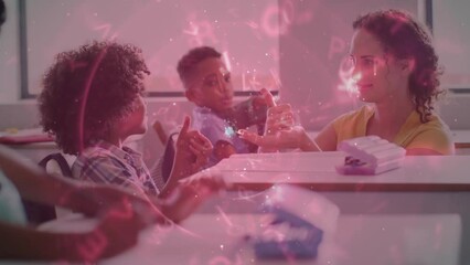 Animation of data processing over happy diverse female teacher and schoolboy signing in class - Powered by Adobe