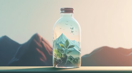 Pure mineral water in a glass bottle. Clean liquid on mountain background. Healthy drink product. Generative AI