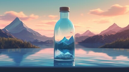 Pure mineral water in a glass bottle. Clean liquid on mountain background. Healthy drink product. Generative AI