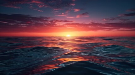 View of sunset into the calm ocean with twilight sky. Generative AI