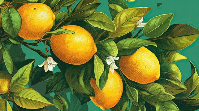 Branches with yellow lemons and green leaves illustration. Botanical painting. Generative AI
