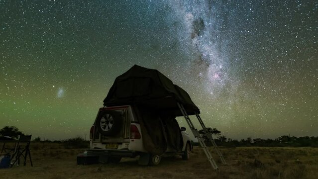 Camping under the starry sky in Namibian Savanna. Milky Way Timelapse during Namibia trip.
