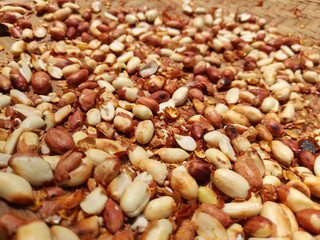 Healthy Peanuts food closeup view. Peanut seeds are good for health. Peanuts contain calories, fat, protein, carbohydrates, fiber, and sugar.
