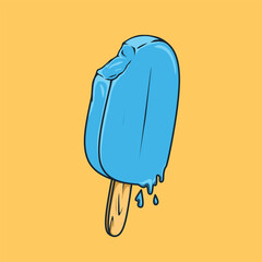 A cartoon illustration of a blue ice cream with a bite out of it