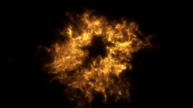 Radiant particle explosion shock waves in stunning 4K. Experience a VFX spectacle particles burst outwards. Perfect for overlays or motion graphics. Golden glowing particles. Isolated on black
