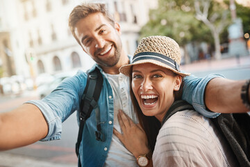 Tourist selfie, happy couple and outdoor for travel on a city street for happiness and holiday...