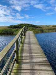 Obraz premium Ein Weg - Holzbrücke über einen kleinen See