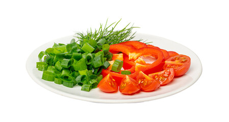 Chopped Green Onion, Dill and Bell Pepper, Greens and Vegetables Cuts on Plate Isolated, Spring Vegetables