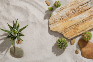 Top view of some green trees arranged on the sand with several stones. The big stone with empty space to display your product